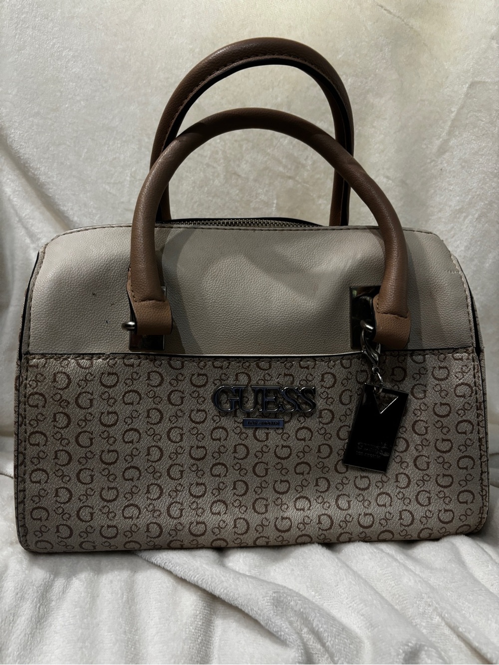 Guess Two-Tone Beige & Brown Logo Satchel